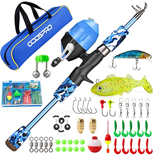 ODDSPRO Kids Fishing Pole - Kids Fishing Starter Kit - with Tackle Box, Reel, Practice Plug, Beginner's Guide and Travel Bag for Boys, Girls