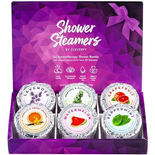 Cleverfy Shower Steamers Aromatherapy - Compact Variety Pack of 6 Shower Bombs with Essential Oils. Self Care Christmas Gifts for Women and Stocking Stuffers for Adults and Teens. Purple Set