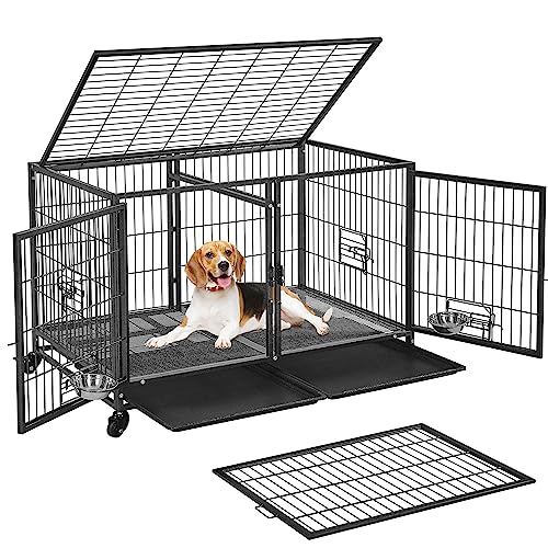 Yaheetech Stackable Dog Crate with Divider 43'' Rolling Heavy Duty Dog Cage with Open Top/ 2 Removable Trays for Small/Medium Dog