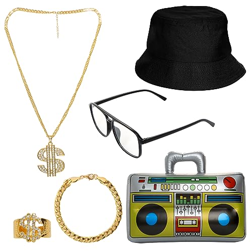 Gvhntk 6Pcs 80s 90s Hip Hop Costume Kit Rapper Accessories Outfits Bucket Hat Inflatable Radio Boombox Fake Gold Chain Money Chain Ring Bracelets Vintage Sunglasses for Men Women Rapper DJ Punk