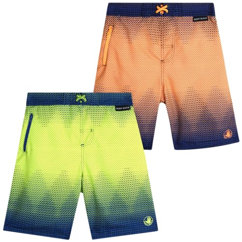 Body Glove Boys' Board Shorts – 2 Pack UPF 50+ Quick Dry Bathing Suit Swim Trunk (Size: 8-18), Size 10-12, Orange/Green Dots