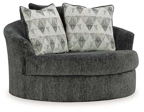 Signature Design by Ashley Biddeford Transitional Upholstered Oversized Swivel Accent Chair with 3 Accent Pillows, Black