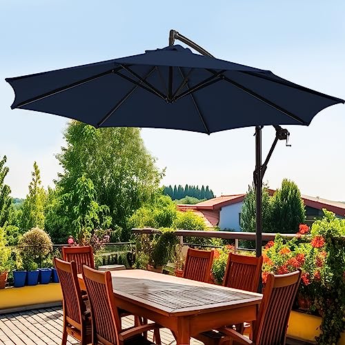 wikiwiki 10ft Patio Umbrellas Offset Outdoor Cantilever hanging Umbrellas w/Infinite Tilt, Fade Resistant Waterproof RECYCLED FABRIC Canopy & Cross Base, for Yard, Garden & Deck (Navy Blue)