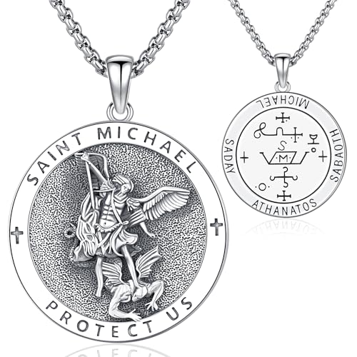 Saint Michael Archangel Pendant for Men Women, Sterling Silver St. Michael Necklace, Patron Saints Amulet Medals the Perfect for Birthdays, Travel, Fathers Day,Anniversary,and other Spiritual Occasions