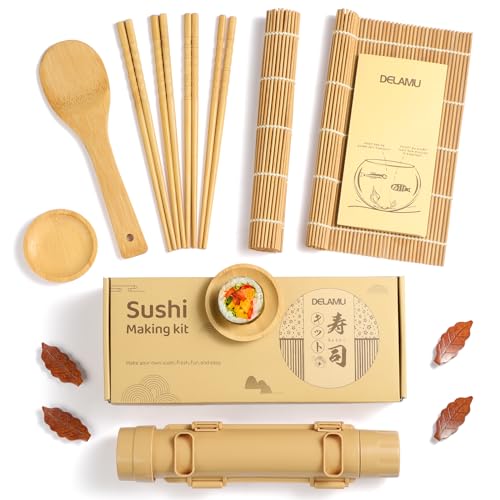 Delamu Sushi Making Kit, [Easy] Sushi Kit for Beginners/Pros Sushi Makers, Practical Bamboo Sushi Mats, Sushi Bazooka, Chopsticks, Guide & More