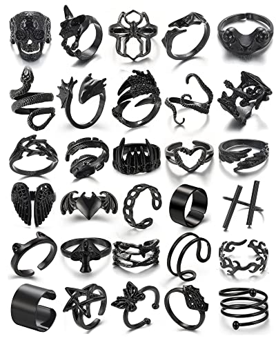 Black Gothic Vintage Rings Set - 20-30 PCS Cool Punk Snake Claw Rings Set, Y2K Snake Claw Rings, Open Butterfly Star Stacking Ring Jewelry, Gift for Men Women Girls Boys (Black 2)