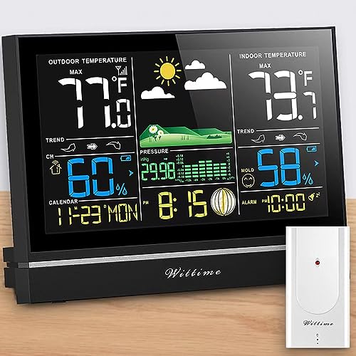 Wittime 2076B Weather Station with Atomic Clock Wireless Indoor Outdoor Thermometer Temperature and Humidity Monitor Inside Outside Barometer with Temp Sensor