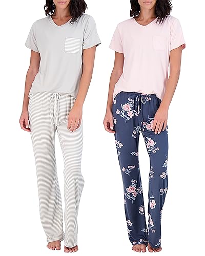 Real Essentials Women’s Pajama Sets Ladies Short Sleeve V-Neck Tops Pants Bottoms Pijama Mujer comfy Soft PJ fashion Sleepwear Lightweight Sleep loungewear Night Wear, Set 7, Small, Pack of 2