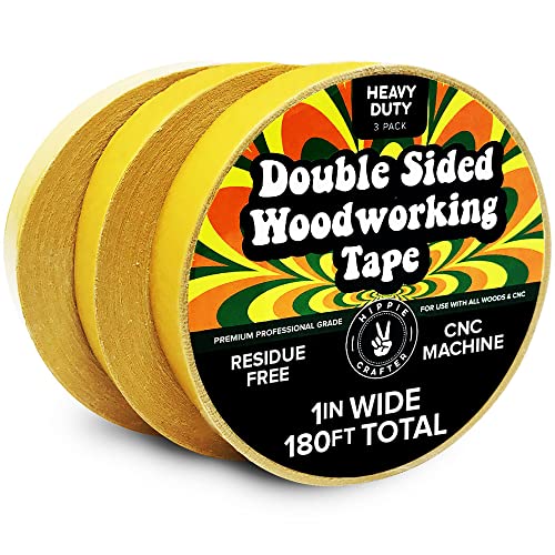 HIPPIE CRAFTER 3 Pk Double Stick Tape Double Sided Woodworking Tape 1' inch Wide Wood Tape for Woodworkers CNC Machines Routing Templates Strong Heavy Duty 60 Feet Each - 180FT Total