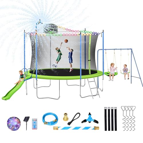 Lyromix 12 14FT Trampoline with Slide and Swings, ASTM Approved Large Recreational Trampoline with Basketball Hoop and Ladder,Outdoor Backyard Trampoline with Net, Capacity for 5-7 Kids and Adults