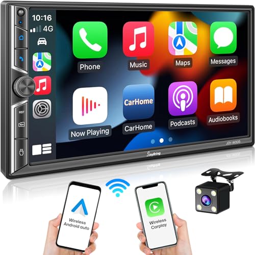 [Upgrade Wireless] Double Din Car Radio with Wireless Apple CarPlay and Android Auto, Bluetooth, Phone Mirror Link, 7 Inch HD Touchscreen, Backup Camera, 4.2-Channel Audio Output, AM/FM Car Stereo