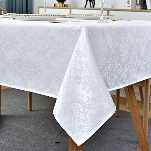 Rectangle Table Cloth - 60 x 102 Inch White Jacquard Tablecloths Damask Design Spillproof Wrinkle Resistant Shrinkproof Soft Tablecloth Polyester Oblong Table Cover for Kitchen Dinning Party Tabletop