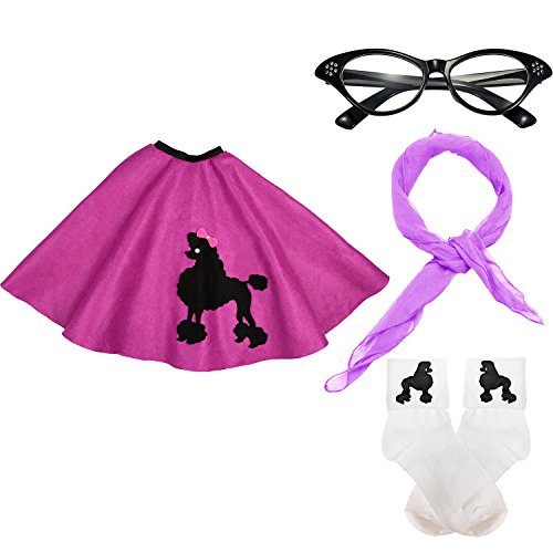 50s Girls Costume Accessory Set - Poodle Skirt, Chiffon Scarf, Cat Eye Glasses,Bobby Socks,Purple