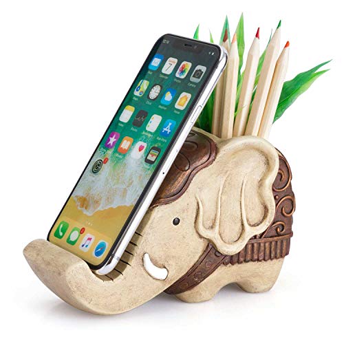 Pen Pencil Holder with Phone Stand, COOLBROS Resin elephant Shaped Pen Container Cell Phone Stand Carving Brush Scissor Holder Desk Organizer Decoration for Office Desk Home Decorative (Retro Brown)