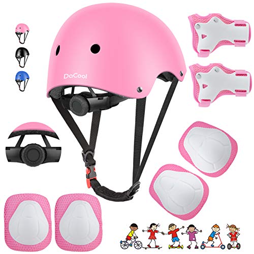DaCool Kids Bike Helmet Skateboard Knee Pads - Toddler Helmet Adjustable for 3~10yrs Girls Boys Child Kids Protective Gear Set for Sport Cycling Bike Roller Skating Scooter, Pink