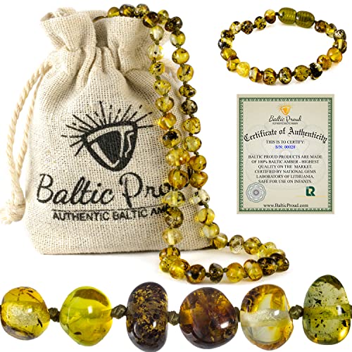 Baltic Amber Necklace And Bracelet Gift Set (Unisex Green Forest) - Certified Premium Quality Raw Baltic Amber
