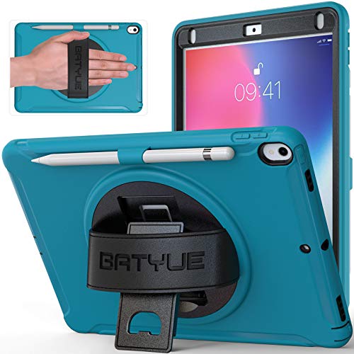 BATYUE iPad Pro 10.5 Case 2017/ iPad Air 3rd Generation Case 2019, Full-Body Shockproof Rugged Case with 360° Swivel Kickstand/Leather Hand Strap/Pencil Holder; Case for 10.5 inch iPad (Light Blue)