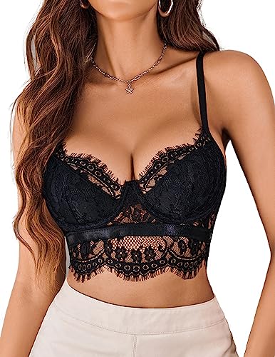 Avidlove V Neck Cami Top Y2k Bralette Eyelash Lace Bustier(Black Small)