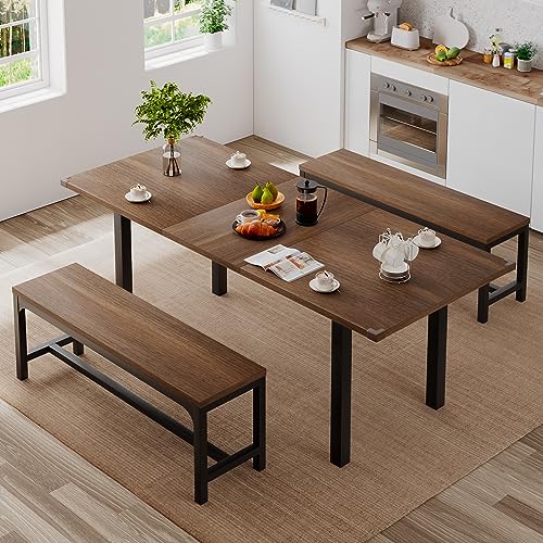 iPormis 3-Piece Dining Table Set for 4-8, 63' Extendable Kitchen Table with 2 Benches, Dining Room Table Set with Metal Frame & Wooden Board, Easy Clean, Walnut