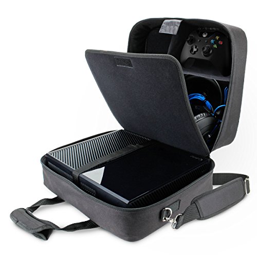 USA Gear Console Carrying Case - Xbox Travel Bag Compatible with Xbox One and Xbox 360 with Water Resistant Exterior and Accessory Storage for Xbox Controllers, Cables, Gaming Headsets - Black