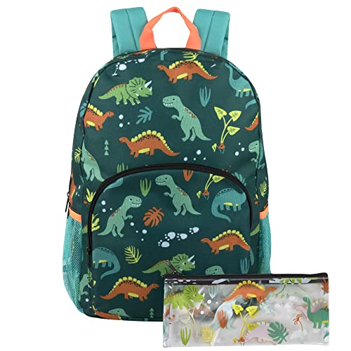 Trail maker Boys Backpack and Pencil Case Set for Kindergarten, Elementary School, 17 Inch Kids Backpack with Side Pockets (Goofy Grinning Dinos)
