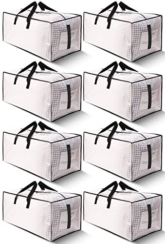 HOMESURE 8 Pack Large Strong Moving Bags with Zippers & Carrying Handles - Water-Resistant - Heavy Duty Storage Tote for Space Saving, Fold Flat, Alternative to Moving Box (Semi-Transparent)