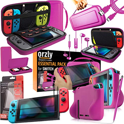 Orzly Switch Accessories Bundle – Carry Case for Nintendo Switch Console, Tempered Glass Screen Protectors, USB Charging Cable, Switch Games Case, Comfort Grip Case & Headphones - PINK