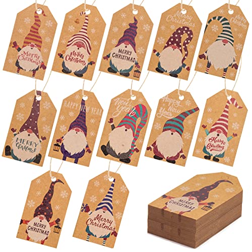 SallyFashion 120PCS Christmas Gnome Tags with String, 12 Styles Gift Tags Kraft Paper Tags Bulk Unique Christmas Labels with Twine for DIY Xmas Wedding Holiday Party Supplies