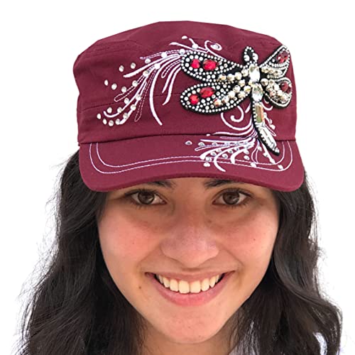 SILVERFEVER Women's Military Cadet Cap Hat - Patch Cotton - Studded & Embroidered (Burgundy, Crystal Dragonfly)