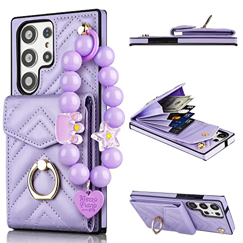 JAKPAK for Galaxy S23 Ultra Wallet Case with Card Holder, with Bracelet 360°Rotation Ring Stand for Women Girls,Square PU Leather Protective Case for Samsung S23 Ultra 6.8' Purple