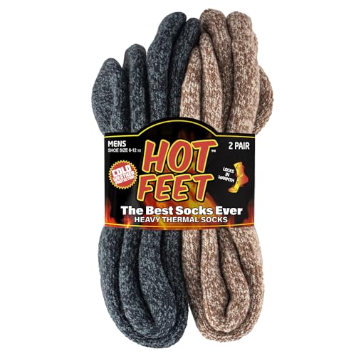 HOT FEET Thermal Socks for Men 2/4 Pack, Extreme Cold Boots Socks -Winter Insulated Socks, Cold Weather Size 6-12, 2 Pack, Oatmeal/Denim Heather