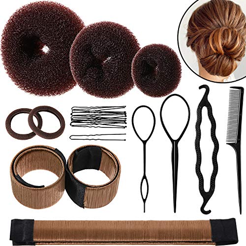Hair Bun Shaper Set, include 3 Pieces Hair Bun Donut, 2 Pieces Bun Marker, 4 Pieces Ponytail Hair Tool, 10 Pieces Bobby Pins and 2 Pieces Elastic Bands for Women Kids Hair Bun Maker Kit