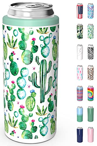 TILUCK Skinny Can Cooler for Slim Beer & Hard Seltzer, Stainless Steel, Doucle-Walled Stainless Steel Insulated Slim Cans, Standard 12 oz (Cactus)