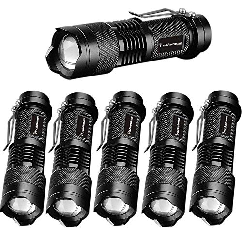 6 Pack,Pocketman 7W 300LM SK-68 3 Modes Mini Light Black LED Tactical Flashlight