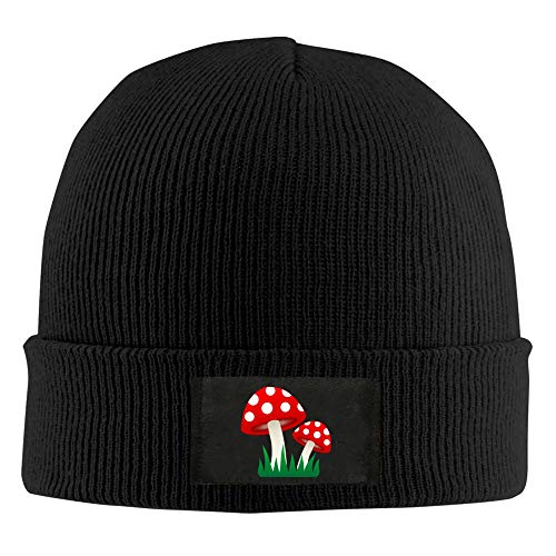 Men Women Red Mushroom Warm Stretchy Solid Daily Skull Cap Knit Wool Beanie Hat Outdoor Winter-Black