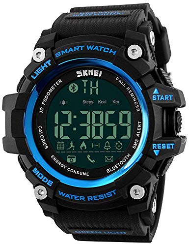 Men Multifunction Smart Watch Pedometer Calories Digital Military Sport Watches Bluetooth for Android iPhone Activity Tracker Call Text Notification Alarm Monitor for Walking Running (Black Blue)