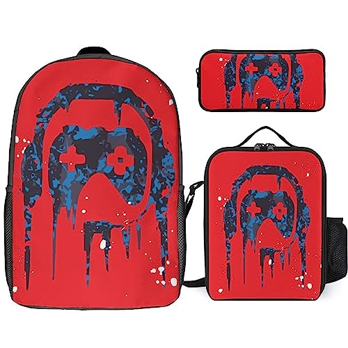 NAWFIVE Game Console Camo Pattern Backpack And Lunch Bag,Pencil Case 3 Set Bag Creative Joysticks Gamepad Lightweight Casual Daypack for Men Women Work,Travel
