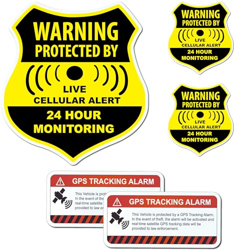 (5 Pack) Combination Pack of 24 Hour Monitoring - This Vehicle Protected by GPS Tracking Warning Signs - Decal Self Adhesive Sticker Vinyl Decal — UV Resistent