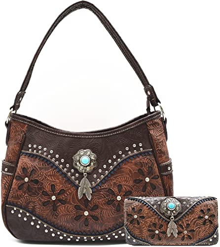Tooled Leather Floral Laser Cut Flower Feather Purse Studs Country Western Handbag Women Shoulder Bag Trifold Wallet Set (Coffee 2)