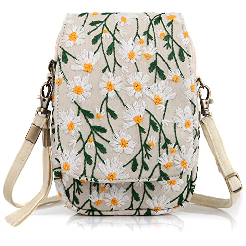 SILKAREA Women Cell Phone Purses Flower Canvas Embroidered Small Crossbody Bags Handbags Shoulder Bag Wristlet Pouch