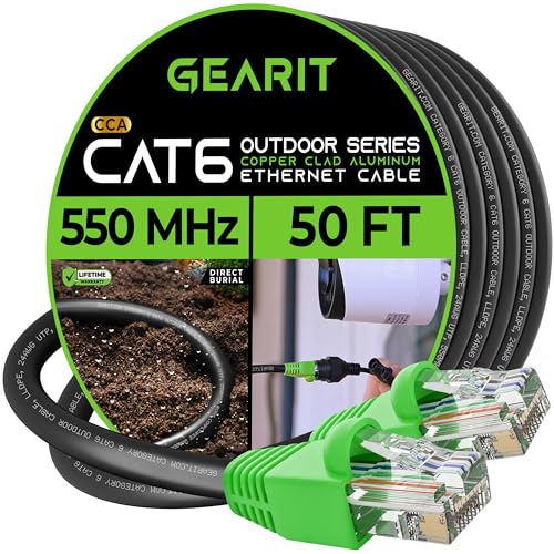 GearIT Cat6 Outdoor Ethernet Cable (50 Feet) CCA Copper Clad, Waterproof, Direct Burial, In-Ground, UV Jacket, POE, Network, Internet, Cat 6, Cat6 Cable - 50ft