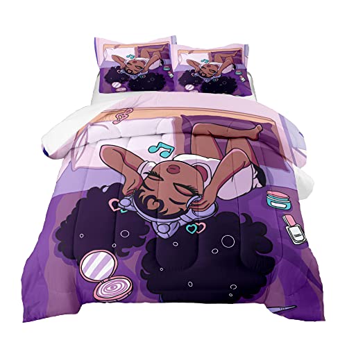 Black Girls Magic Comforter Sets, African American Girl Love Music Purple Designs Soft Fluffy Comforter Duvet, Full Size Afro Pretty Girls Comforter Set for Teens Kids Princess Cute Room Decor