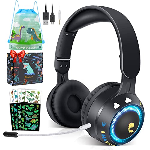 QearFun Kids Toddlers Bluetooth Headphones, Foldable 9 Colorful Led Lights Wireless Dinosaur Headphones with Mic & 3.5mm Jack, Boys Girls On-Ear Gaming Headset Gifts for PS4/Xbox One/Switch/PC/Tablet