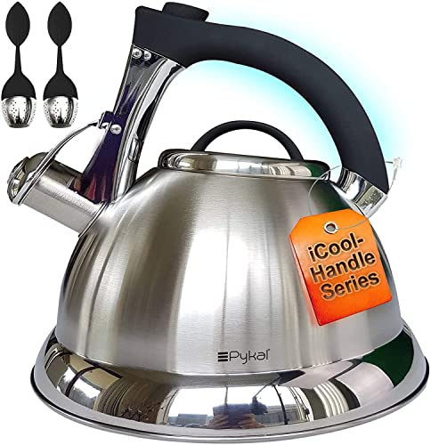 Whistling Tea Kettle with iCool - Handle, Surgical Stainless Steel Teapot for Stovetop, 2 FREE Infusers Included, 3 Quart by Pykal