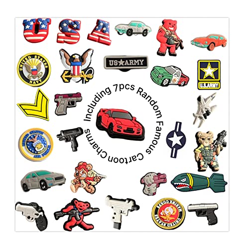 35pcs Shoe Charms for Teens Boys Cool Bear Gun Glowing Car Shoe Charms, USA Amy Navy Marine Charms for Men Adults Slides Sandles Wristband Braclet Party Favor