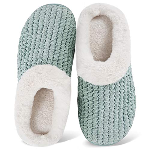 WateLves Women's Slippers Comfort Memory Foam Coral Fleece Slippers Plush Lining House Shoes for Indoor & Outdoor (Green, M)