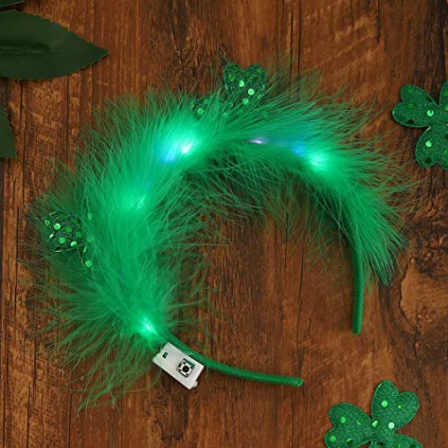 GORTIN LED St Patricks Day Headband Green Feather Light up Hair Hoop Irish Holiday Party Headwear Glowing Headpiece Cosplay Costume Hair Accessory for Women and Girls