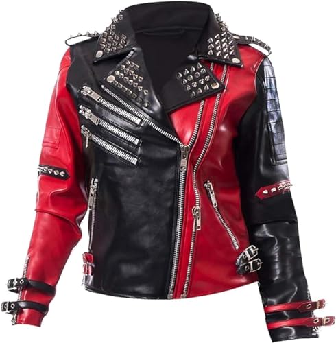 Milanoz Women's Harley Daddy’s Monster Quinn Punk Rivet Studded Leather Jacket | Red and Black Motorcycle Women Leather Coat (US, Alpha, Large, Regular, Regular)