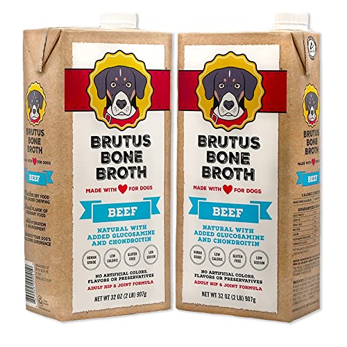 Brutus Beef Bone Broth for Dogs and Cats - All Natural Dog Bone Broth with Chondroitin Glucosamine & Turmeric -Human Grade Dog Food Toppers for Picky Eaters & Dry Food -Tasty & Nutritious- Pack of 2