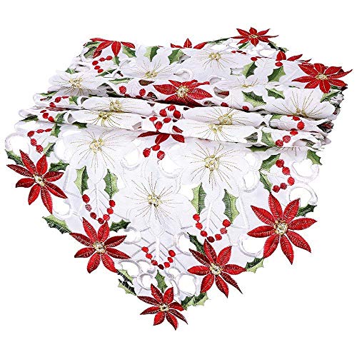 AIUSD Clearance , Table Runner Christmas Embroidered Table Runner Poinsettia Holly Leaf Table Linens Decoration Christmas New Year Decoration Big Sales